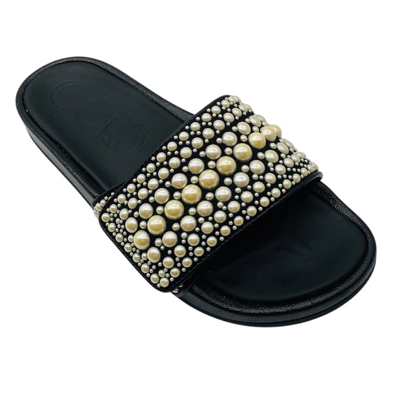 JIMMY CHOO BLACK FITZ PEARL EMBELLISHED CANVAS AND LEATHER SLIDE SANDALS